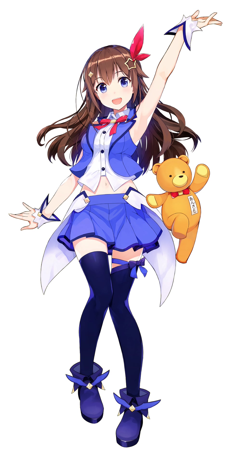 Tokino Sora full body idol art standing next to her teddy bear mascot Ankimo