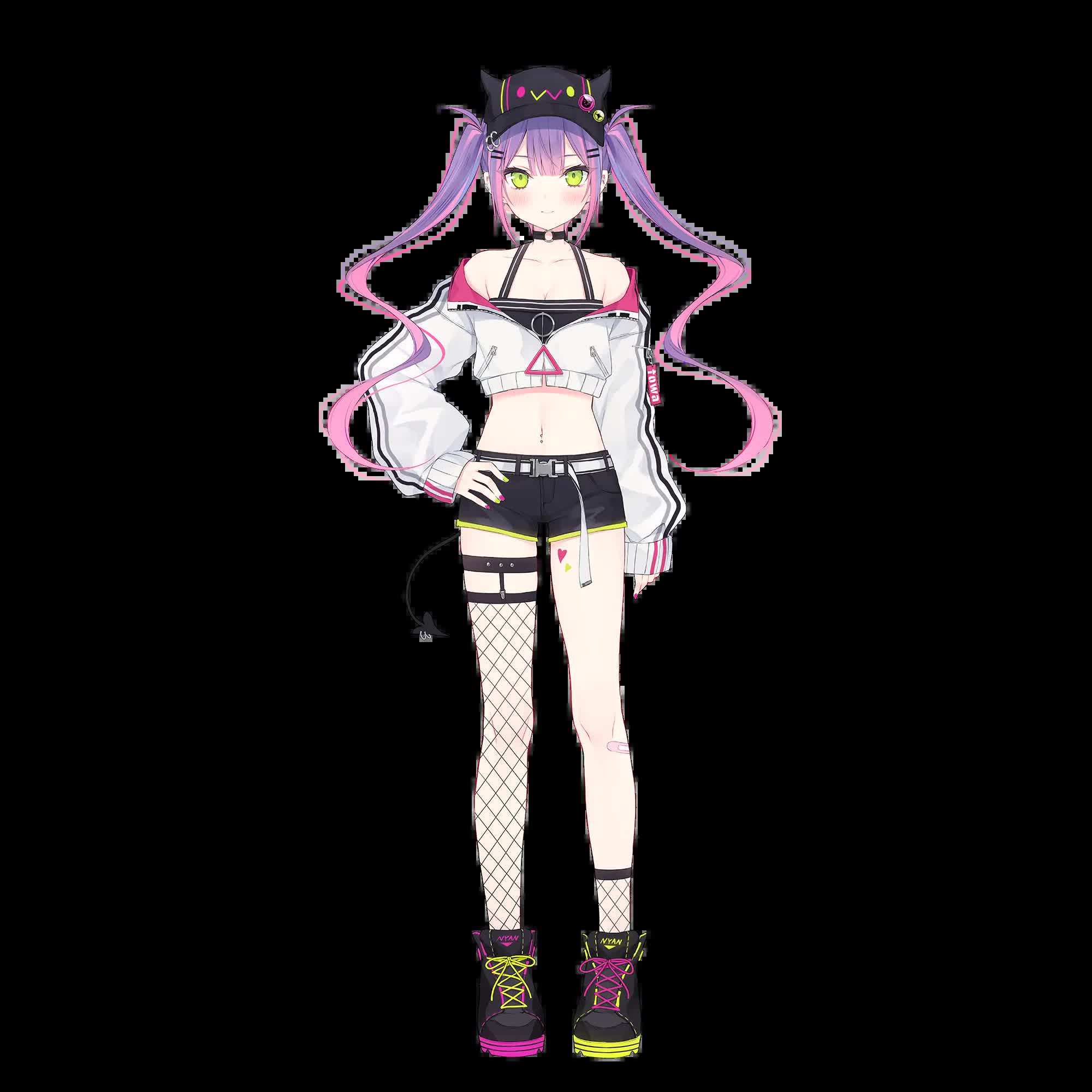 Tokoyami Towa character design showing devil tail, ahoge, and gamer headset