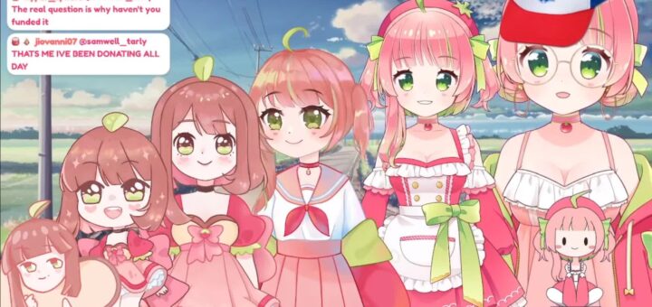 Toma VTuber tomato girl Live2D models lineup in her signature red and green outfits