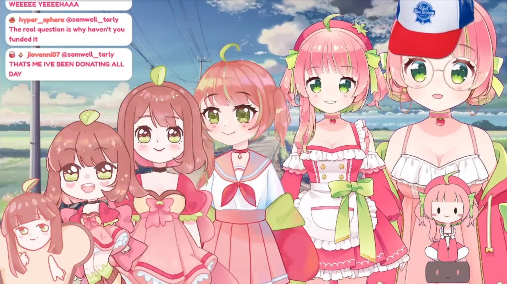 Toma VTuber tomato girl Live2D models lineup in her signature red and green outfits