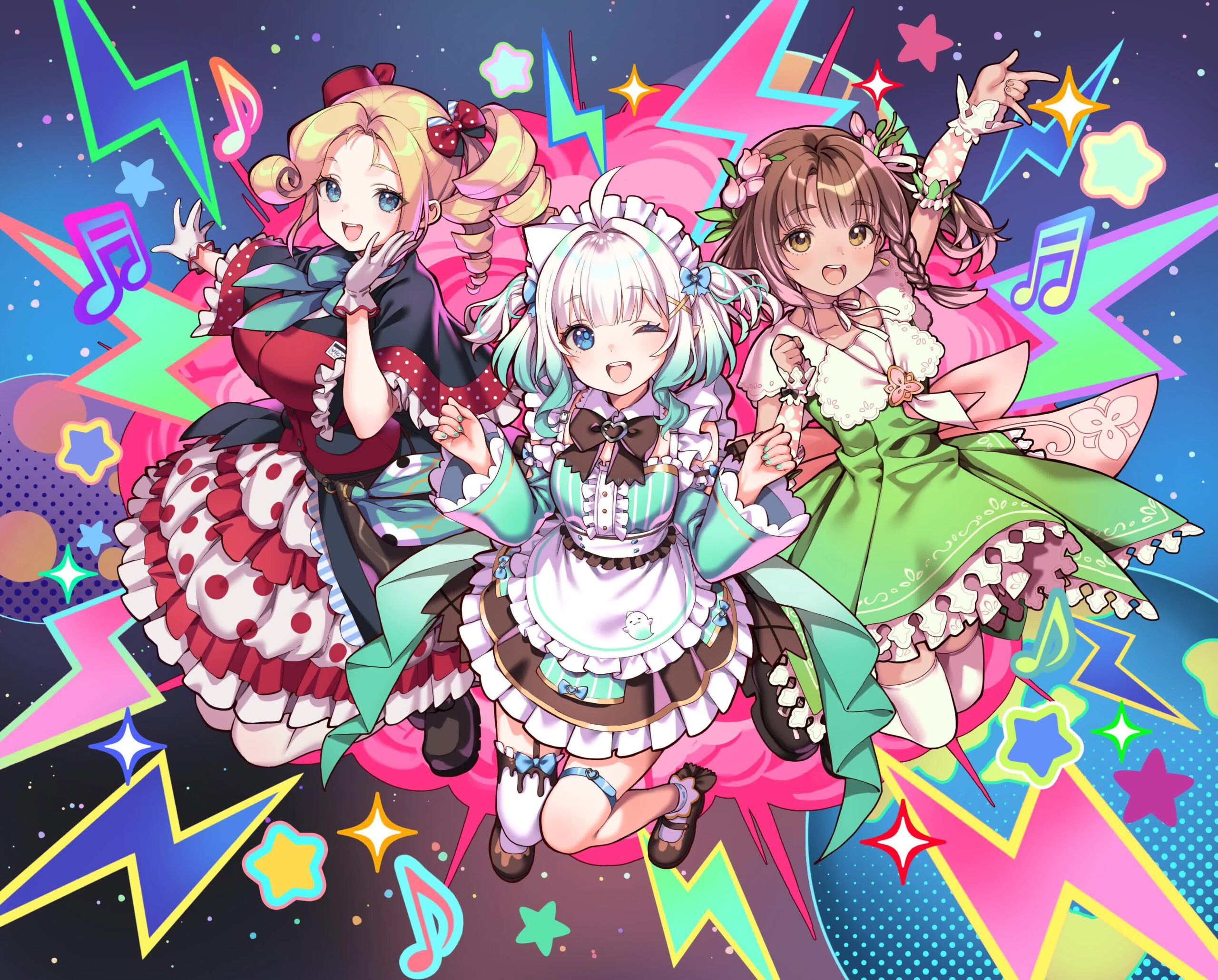 Densetsu.EXE idol trio debut key visual with Victoria Roman Mint Fantome and Phoebe Chan