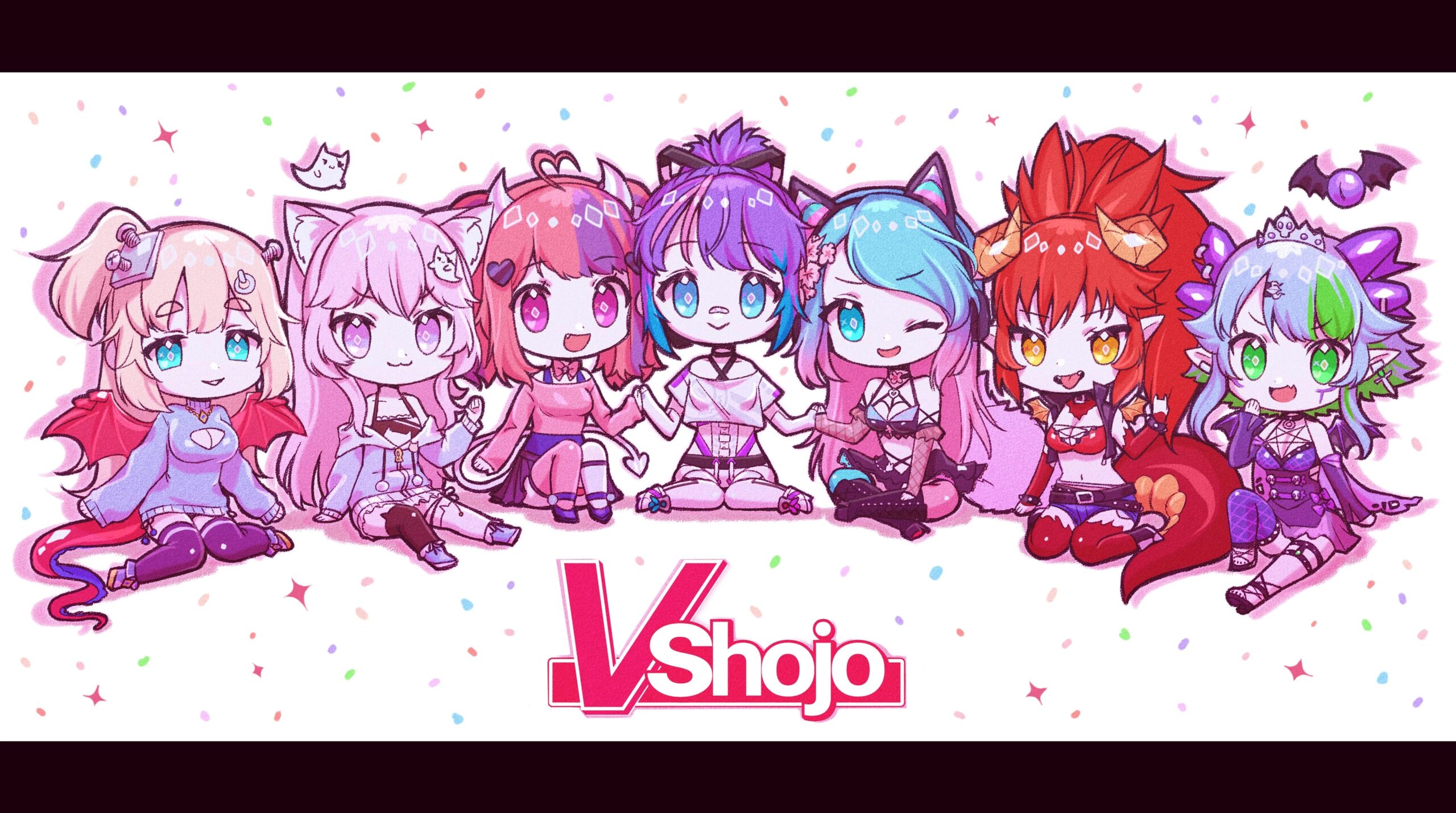 VShojo members full roster group art with Ironmouse Nyanners Projekt Melody Zentreya Froot Silvervale and Hime Hajime