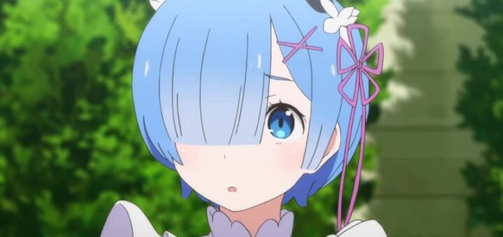 Rem from Re:Zero, one of the most popular anime waifu characters, in her blue maid outfit with short blue hair.