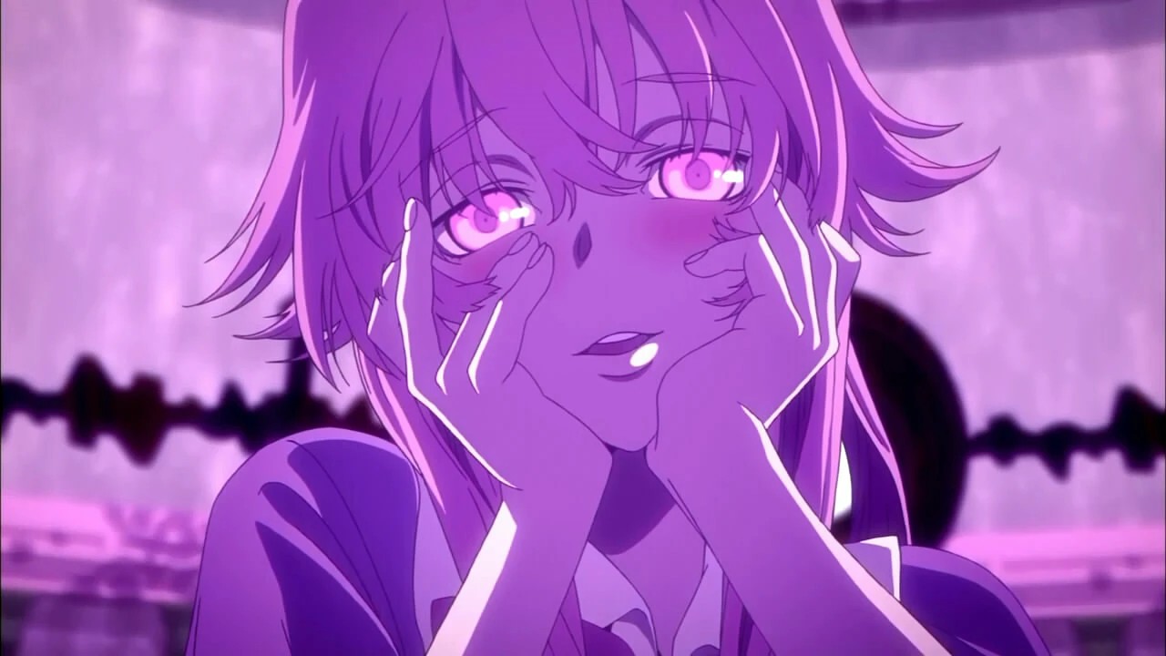 Yandere face expression with dead glassy eyes shrunken pupils and a too calm smile