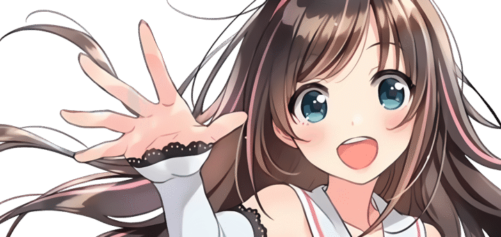 Kizuna AI the first VTuber, a 3D character with long brown hair and a pink hairband, waving at the camera.