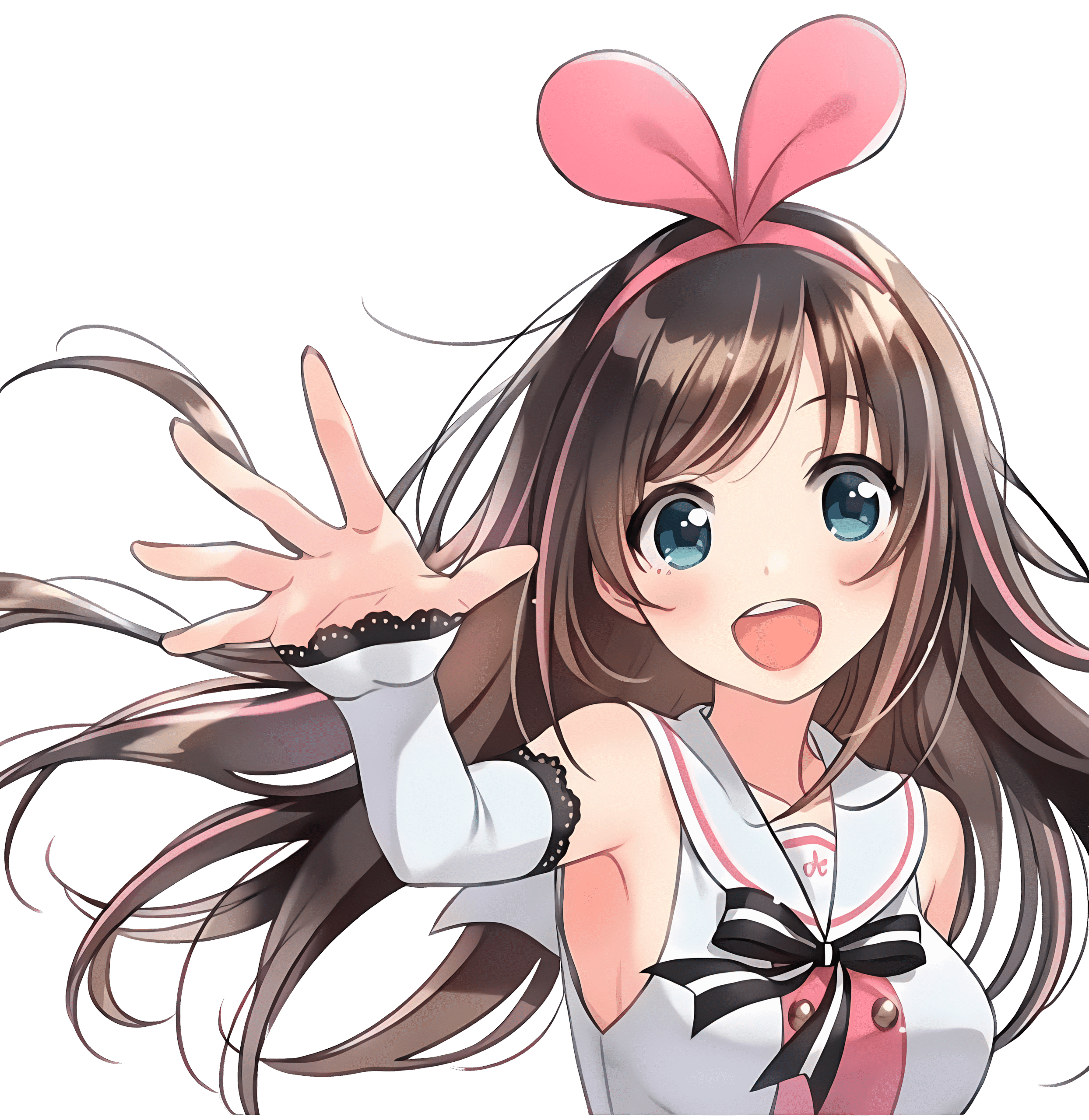 Kizuna AI the first VTuber, a 3D character with long brown hair and a pink hairband, waving at the camera.
