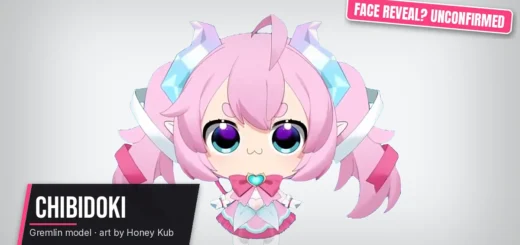 Chibidoki gremlin VTuber model with pink twintails, blue eyes, small horns, and an oversized chibi head