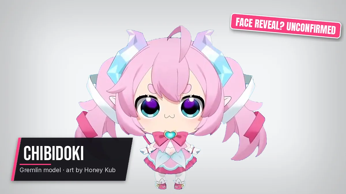 Chibidoki gremlin VTuber model with pink twintails, blue eyes, small horns, and an oversized chibi head