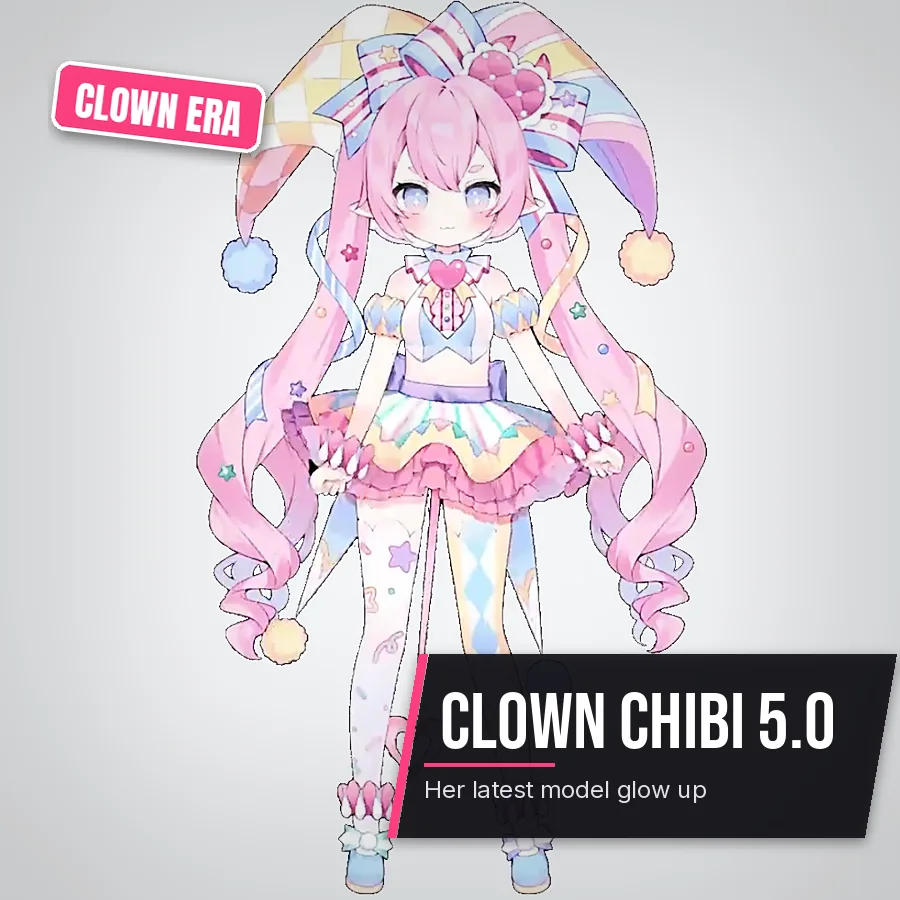 Chibidoki Clown 5.0 VTuber model with pink hair, pearl barrettes, large bows, and a pierrot style outfit