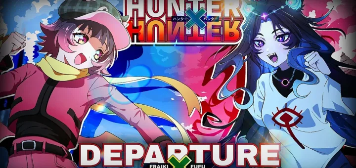Fraiki and Fufu in the Hunter x Hunter Departure cover thumbnail, Fraiki in a pink cap and Fufu with long dark hair