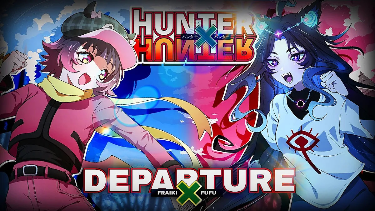 Fraiki and Fufu in the Hunter x Hunter Departure cover thumbnail, Fraiki in a pink cap and Fufu with long dark hair