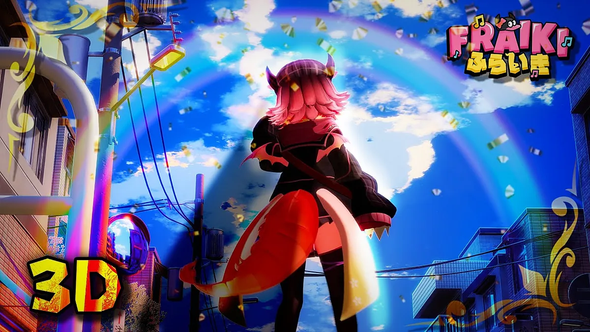 Fraiki's 3D debut thumbnail showing her from behind under a rainbow on a city street