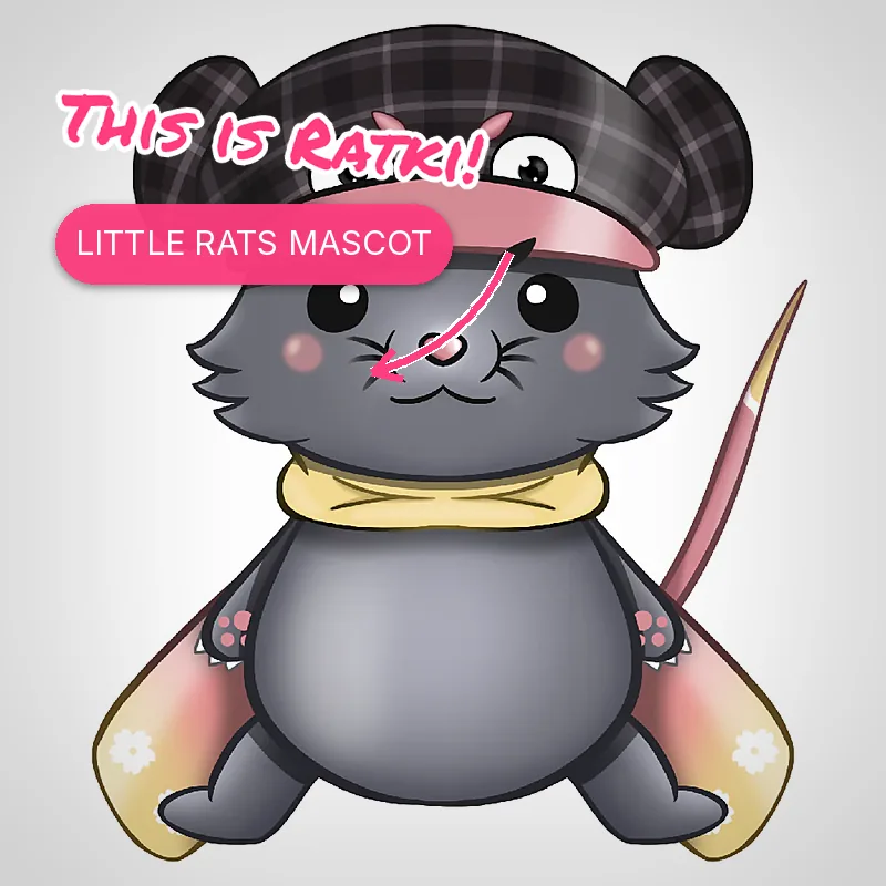 Ratki, Fraiki's gray rat mascot wearing her plaid cap and yellow scarf, with rose gold wings